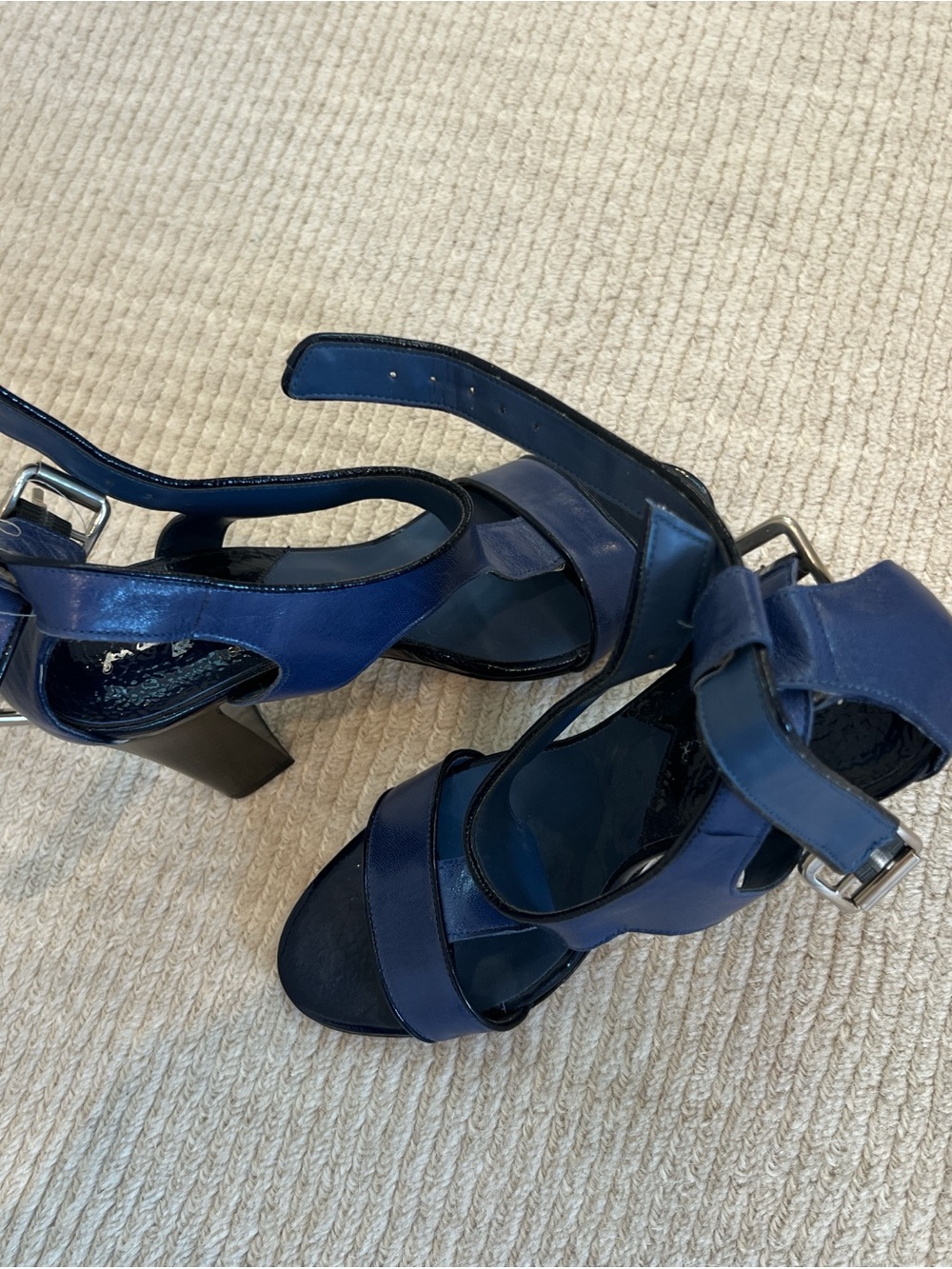 7 For All Mankind Navy Blue Strappy Block Heel Sandals